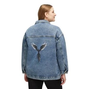 Phoenix Rising Denim Jacket, Women's Distressed Jean Coat, Firebird Symbol - Picture 1 of 5