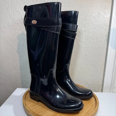 Botas de Lluvia Coach Talia 7 Altas Goma Negro Dorado Turnlock Ecuestre Y2K Preppy Foto 1 de 4