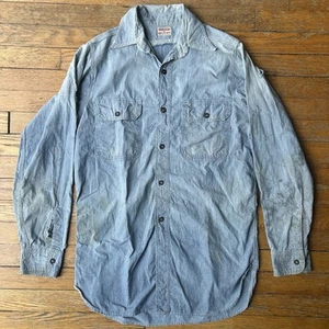 Vintage 1930’s 40’s Hercules Chambray Shirt Long Sleeve Distressed Repaired M/L - Picture 1 of 20
