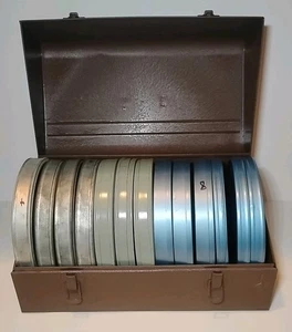 13 carretes vacíos de película vintage de 8 mm azul gris verde + estuche de metal marrón - Imagen 1 de 7