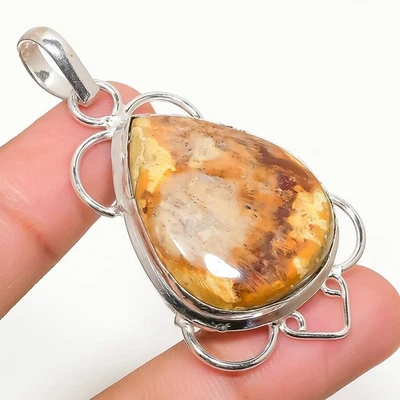 Pendente In Argento Sterling 925 Fatti A Mano In Gemma Di Corallo Fossile 2.25" - Immagine 1 di 4