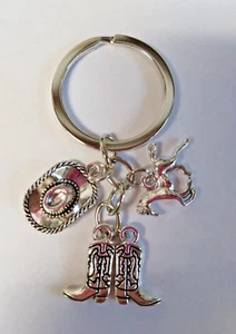 Western Cowboy Boots Hat Horse Charm  Keyring Keychain Silver Tone 3D - Picture 1 of 2
