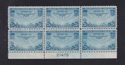 1935 Trans Pacific 25c blue Sc C20 MNH XF nice OG plate block of 6 (F2 - Image 1 of 2