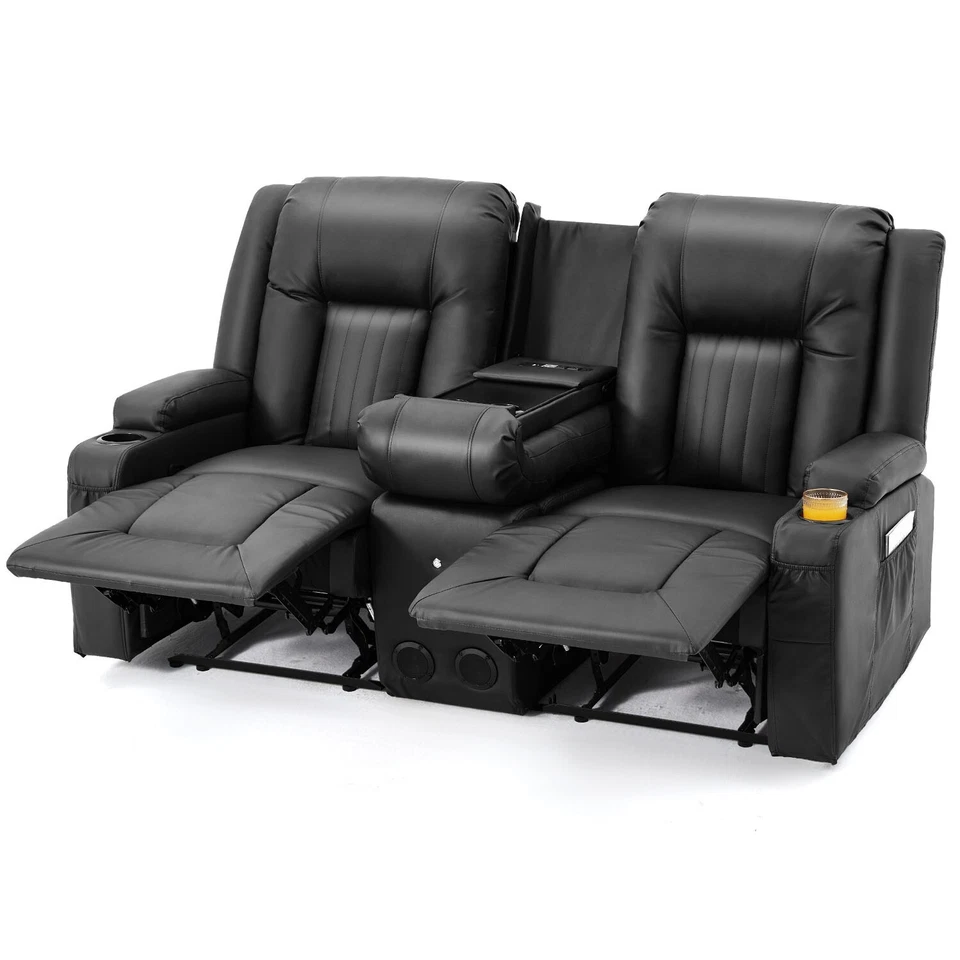 Recliner Sofa Manual RV Reclining Couch PU Home Theater Seating w/ Console USB - Image 1 of 4