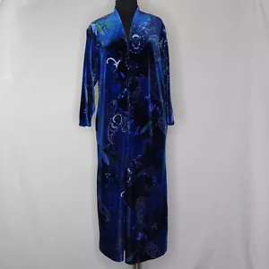 Oscar DeLaRenta Kaftan Robe Small Women Blue Velvet Paisley V-Neck Pocket Zipper - Picture 1 of 10