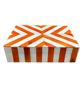 7"x4"x2"Handcrafted Bone Inlay Jewelry Box Orange & White Line Use for Her Decor - Picture 1 of 7