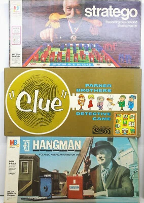 3 Vintage Board Games MB 1975 Stratego+1976 Hangman Vincent Price+1963 Clue - Image 1 of 4