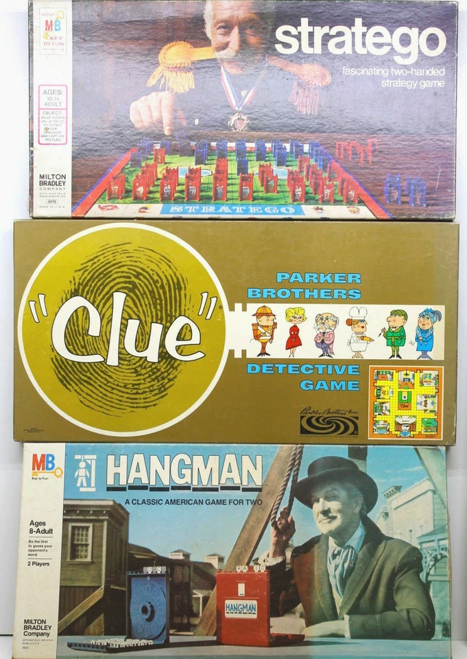 3 Vintage Board Games MB 1975 Stratego+1976 Hangman Vincent Price+1963 Clue - Image 1 of 4