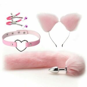 4Pcs Set Fox Butt Tail Cute Heart Collar Soft Cat Ears Headbands Cosplay Female