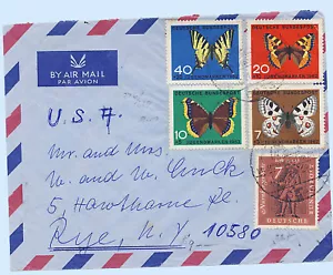 Germany 1967 Airmail Cover to Rye New York USA Butterflies #B380-83 842 - Picture 1 of 2