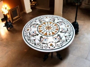 30" Round Marble White Center Sofa Coffee Table Semi Precious Stone Inlay Floral - Picture 1 of 8