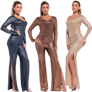 Women's Metallic Long-Sleeve Jumpsuit – Shimmer Party Outfit with Slits - Picture 1 of 13