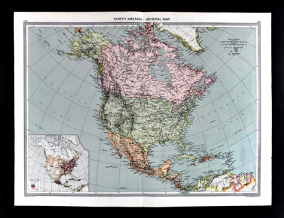 1907 Map North America United States Canada Mexico Cuba Alaska Population  - Image 1 of 4