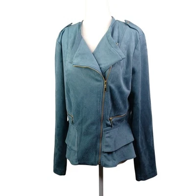 Jaqueta Juliana Feminina Gianni Bini Tamanho Grande Azul Camurça Artificial Moto Peplum Zíper Completo - Imagem 1 de 4