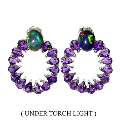 Pendientes de plata de ley 925 ovalados ópalo negro amatista piedras preciosas naturales joyería Foto 1 de 4