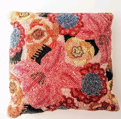 Pier 1 Almohada Floral con Cuentas 12" Cuadrado Rosas con Cremallera Lino Espalda con Inserto Pier One Foto 1 de 4