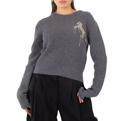 Stella McCartney Grey Wool Cropped Horse Chain Embroidered Jumper, Size X-Small - Image 1 of 4