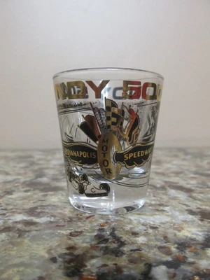 Vintage Indianapolis Motor Speedway Indy 500 Shot Glass - Gold & Black Graphics - Image 1 of 4