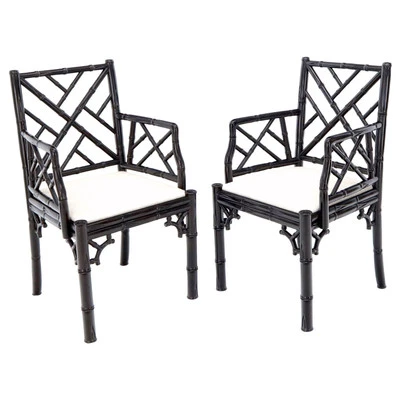 Pair of Ebonized Faux Bamboo Armchairs with New Linen Fabric Upholstery - Image 1 of 4