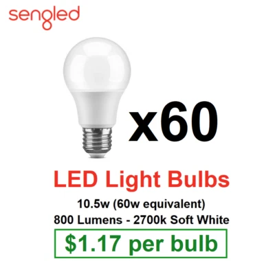 [60 Bulbs] SENGLED Soft White LED A19 Light Bulbs (60W Replacement) 800 Lumens - Image 1 of 4