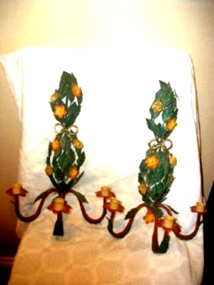 VELA FRANCESA TOLE APLIQUES ROSAS TOPIARIO ARCO DORADO ESTILO ITALIANO AÑOS 30 ORIGINAL Foto 1 de 4