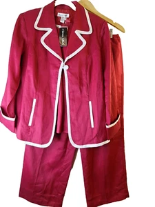 LINO USA 100% Linen 3pc Pantsuit Women's Sz L Red Pants Tank Blazer Wide Leg - Picture 1 of 18