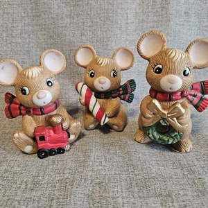 Vintage Homco Christmas Mice Figurines #5210 Set 3 CandyCane ToyTrain and Wreath - Picture 1 of 10
