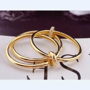 Natural Diamond Trinity Ring Women Band Gift Solid 14K Yellow Gold Free Shipping - Picture 1 of 4