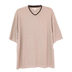 PERRY ELLIS Silk Cotton Blend Sweater L V-Neck Short Sleeve Taupe Brown B89 - Picture 1 of 5