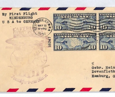 USA Cover HINDENBURG ZEPPELIN Air Mail 10c Block 1936 FIRST FLIGHT Hamburg LZ330 - Image 1 of 4