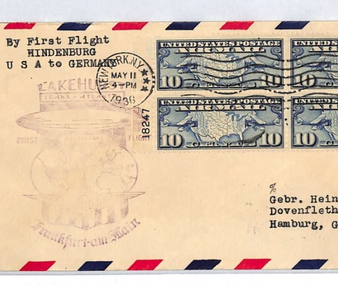 USA Cover HINDENBURG ZEPPELIN Air Mail 10c Block 1936 FIRST FLIGHT Hamburg LZ330 - Image 1 of 4