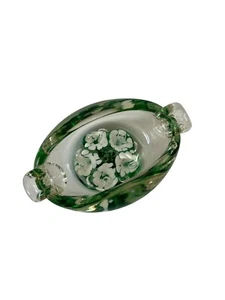 VTG Joe St Clair Glass Ashtray Paperweight Bubbles White Flowers 4 1/2” - Picture 1 of 7