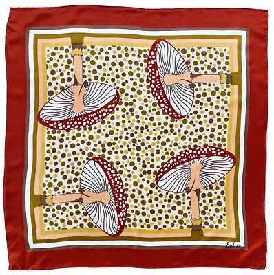 Bufanda de seda vintage ECHO Mod Mushrooms 27" tonos tierra cuadrados hecha en Japón Foto 1 de 4