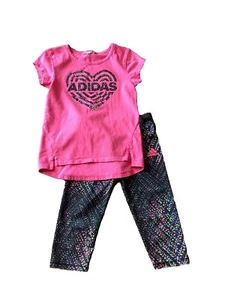 Adidas Short Sleeve Shirt Pant Set Youth Girls Size 4 Pink Black EUC Multicolor - Picture 1 of 16