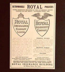 Publicidad de seguro real 1911 póliza de automóvil Nueva York impresión antigua AD - Imagen 1 de 2