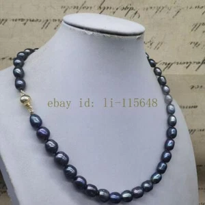 Natural 9-10mm Black Pearl Necklace Freshwater Cultured Pearl Necklace 18" Gift - Picture 1 of 5