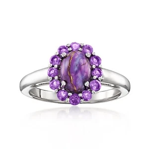 Purple Turquoise and .30 ct. t.w. Amethyst Halo Ring in Sterling Silver - Picture 1 of 4