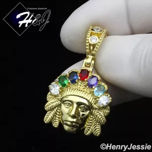 MEN WOMEN 925 STERLING SILVER ICY CZ GOLD PLTED 3D AMERICAN INDIAN PENDANT*GP435 - Picture 1 of 4