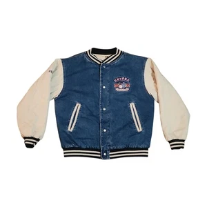 Vintage 90s Disney Store Eeyore Denim Varsity Bomber Jacket Size Small No Hood - Picture 1 of 14