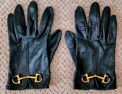AUTH GUCCI VINTAGE HORSEBIT LEATHER GLOVES PREOWNED BLACK  - Image 1 of 4