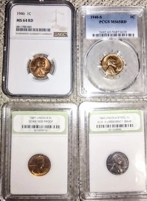 SLABBED PENNY LOT OF 4- 1940-S RD PCGS MS65RD , NGC 1946 MS64, Gem Proof 51, 43 - Image 1 of 2