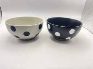 Set of Two Polka Dot Asian Dots & Stripes Signature Brand Stoneware Bowls 4.5 in - Picture 1 of 8