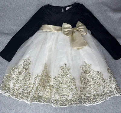 Rare Editions Party Dress Black Velvet Girls 4T Gold Sequin Tulle Lace Holiday - Image 1 of 4