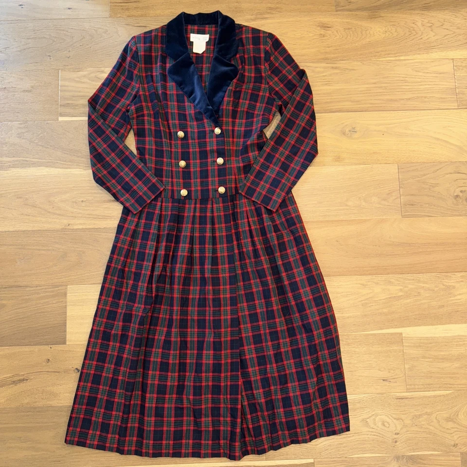 Vintage Lanz Plaid Tartan Dress Velvet Trim Equestrian Gold Buttons Sz 12 - Image 1 of 4