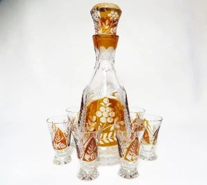 Vintage polnisch geschliffene Kristallkaraffe mit sechs geätzten Bernsteinkordeln - Bild 1 von 21