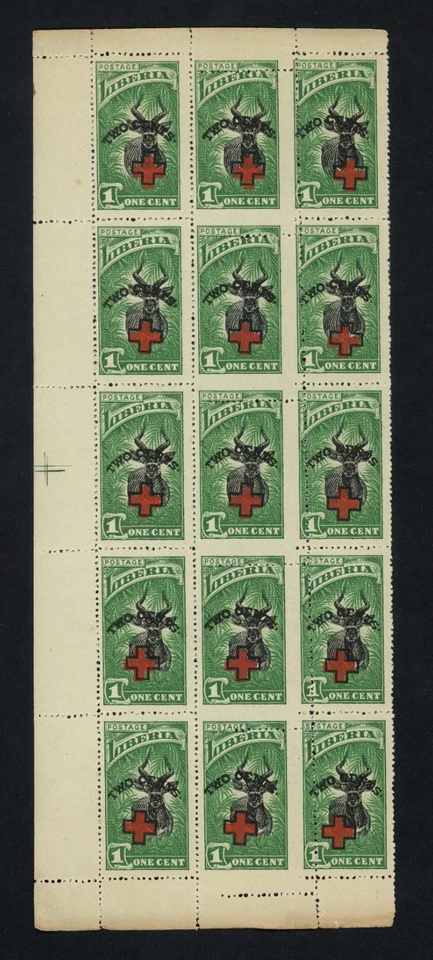 Liberia Stamps 1918 Perf Error 1c w 2c O/P Bongo Antelope Red Cross Blk 15 - Image 1 of 2