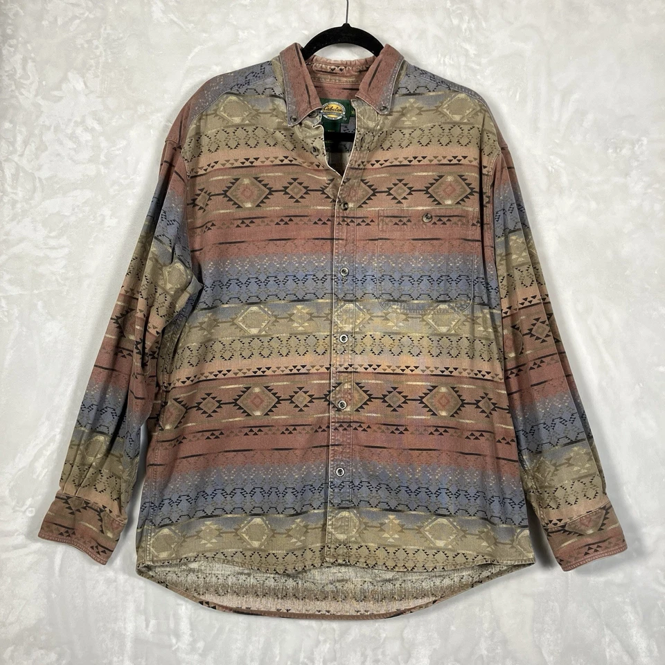 VTG Y2K 00s Cabela's Southwestern Aztec Flannel Shirt Men’s L Button Down Faded - Image 1 of 4