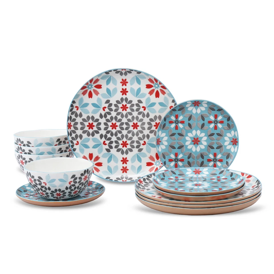 Juego de vajilla Lorren Home Trends floral de porcelana de hueso, 12 piezas azul rojo gris Foto 1 de 4