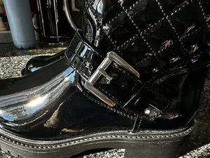 New Look Quilted Biker Boots Vegan Glossy Black Buckle Strap Zip Size 4/37 BNWT - Picture 1 of 16