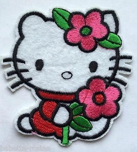 ÉCUSSON PATCH BRODÉ thermocoll​ant - CHAT KITTY ANGE FLEUR ROSE  ** 6 x 7  cm ** - Picture 1 of 1